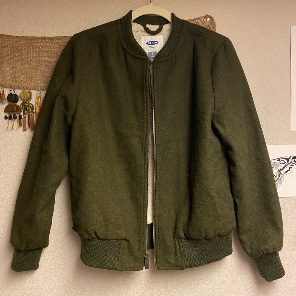 Forest green felted sherpa bomber jacket